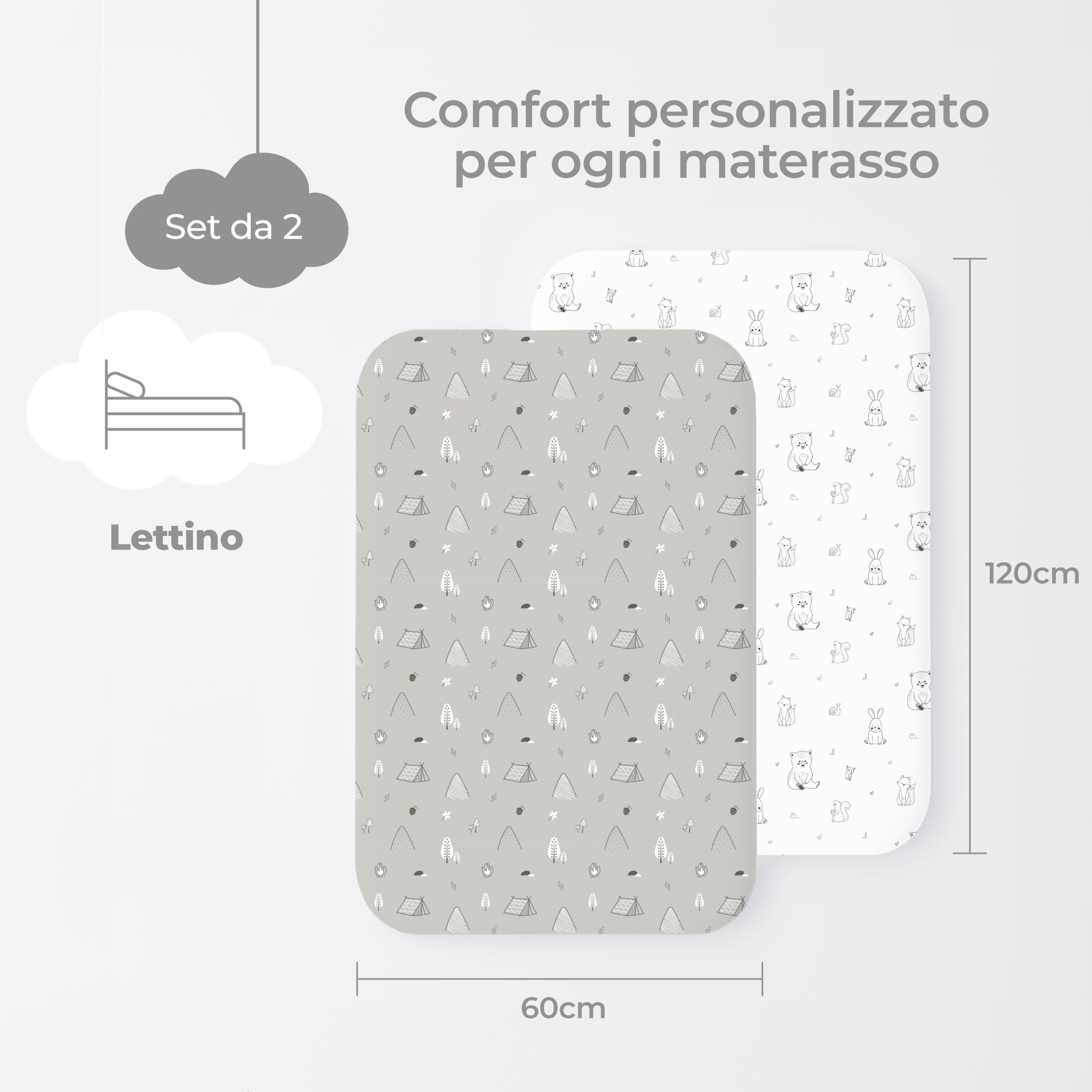 Dreamzie Set 2 Lenzuola Lettino Neonato 60x120 Cotone - Lenzuolo Con Angoli, Oeko-Tex Certificato - Lenzuola Culla Lettino 60x120 - Bosco Bianco/Grigio
