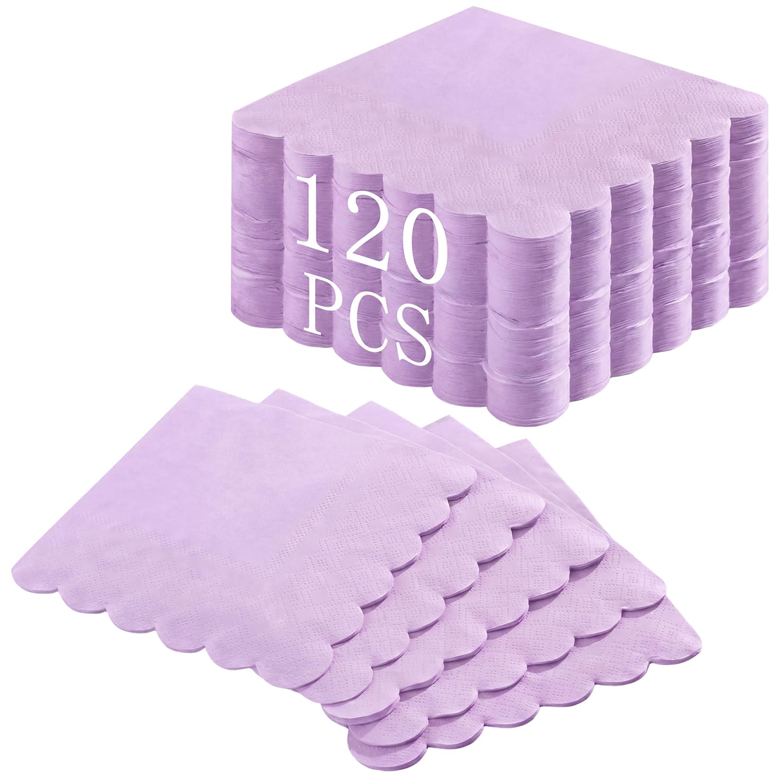 NatNarr 120 servilletas de papel de lavanda festoneadas, 120 unidades | Servilletas de postre de color morado claro para cumpleaños, Halloween, boda, despedida de soltera, baby shower