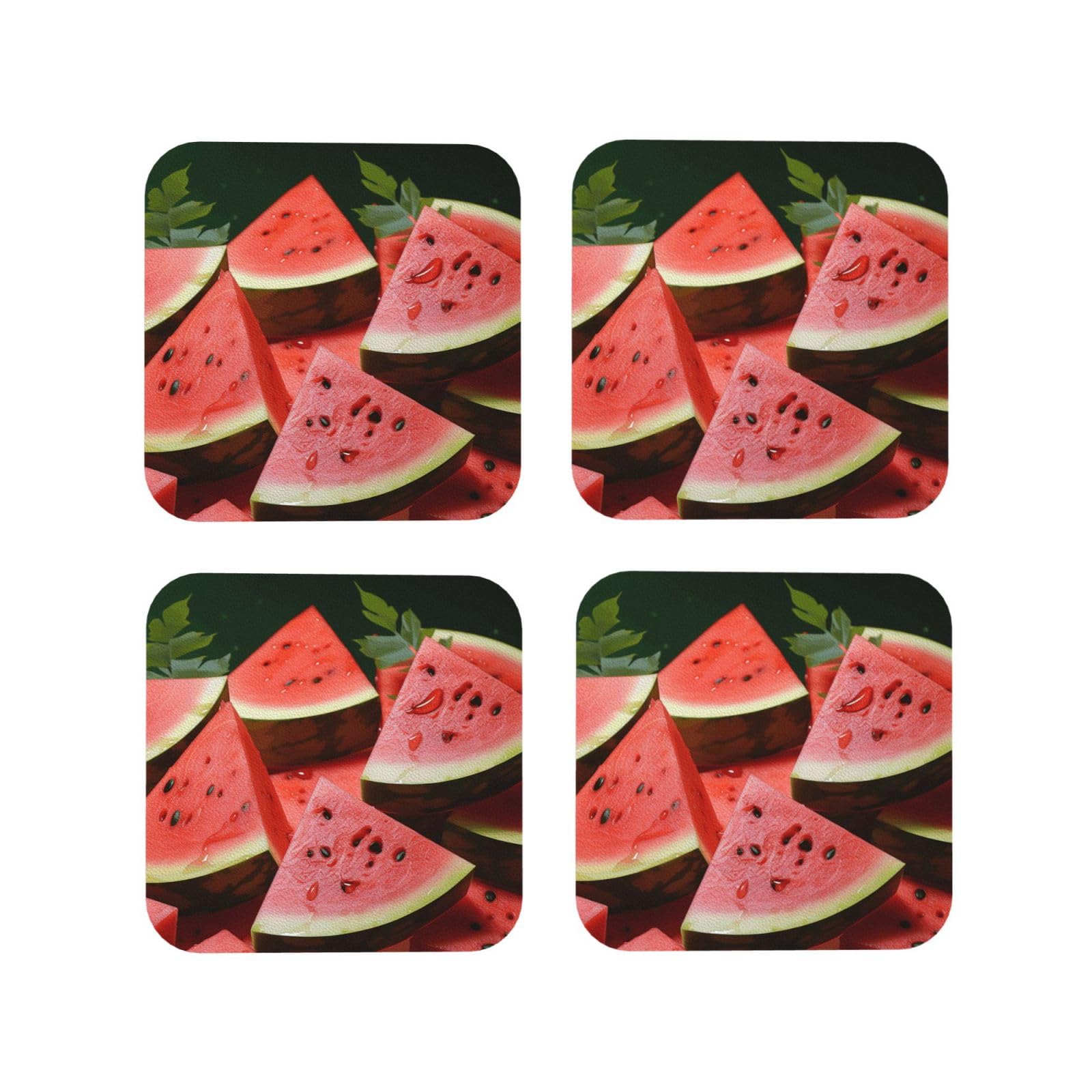 4Pcs PU Leather Coaster for Drinks, Ripe Watermelon Slice Seeds Cup Coastersr 4" Cup Mat Pad, Aesthetic Drink Coasters for Coffee Table, Square Coaster for Tabletop Protection