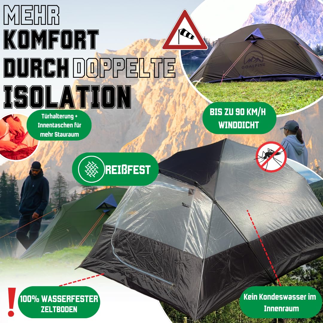 GOALPINE® Zelte für 1 & 2 große Personen | wasserdicht 4000mm | kleines Packmaß | zum Wandern, Bergtouren & Bikepacking | Ultraleicht | 3-4 Jahreszeiten | schneller aufbau