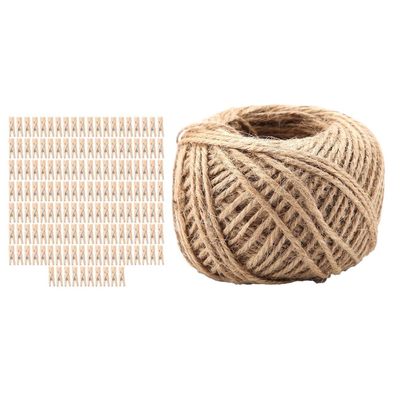 250 Pcs Natural Wooden Clothespins Clip Peg Meter Jute Twine For Colthes