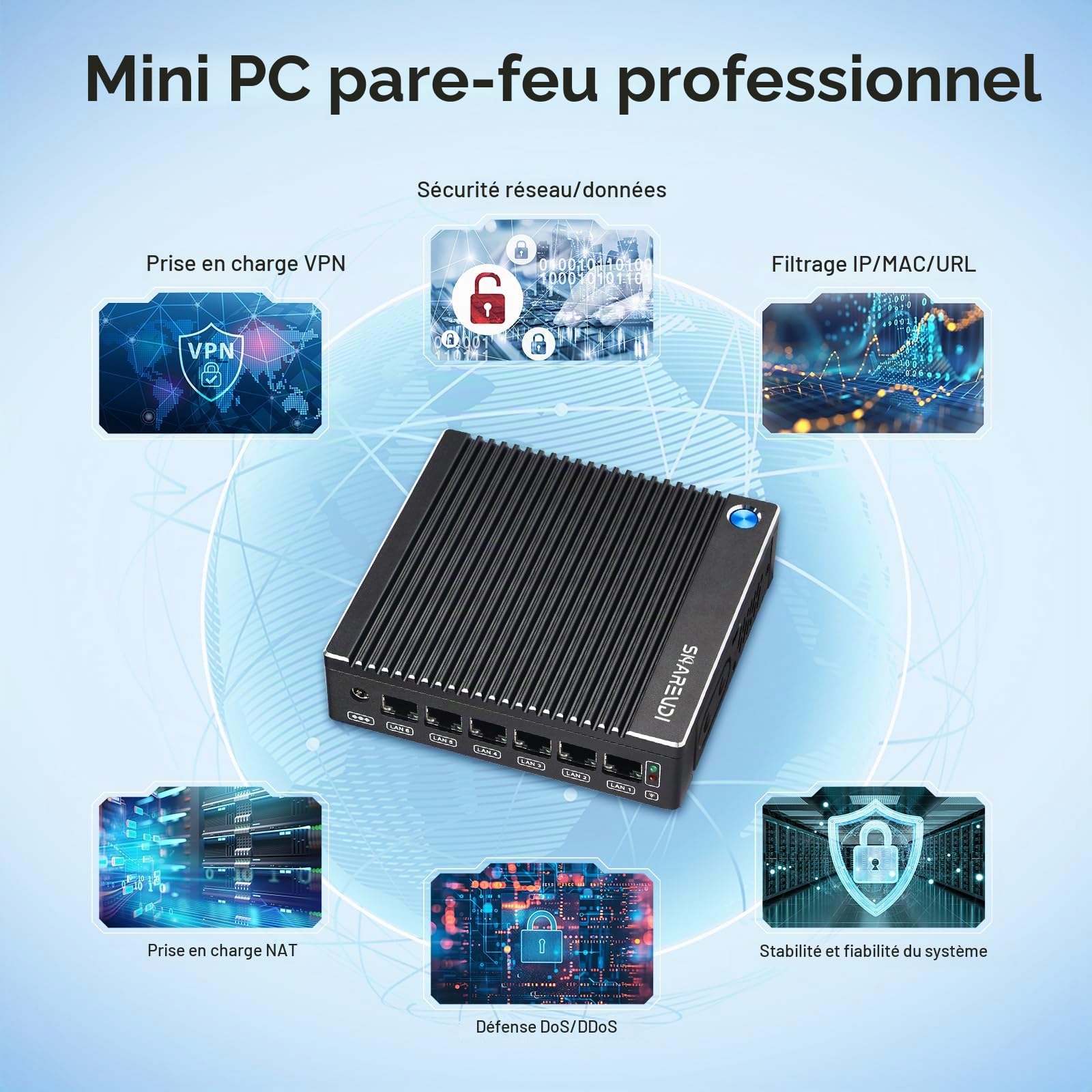 Fanless Firewall Mini PC Intel N3710 4C/4T 6X Intel i226 LAN, Network Gateway Soft Router, Test with PF-Sense/OPN-Sense AES NI HD/Type-C/SIM/TF/Wi-FI (8G RAM 240G SSD)