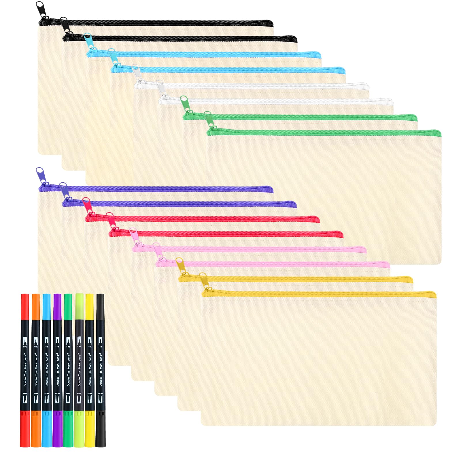 Yoosso 18 Stück Stoffbeutel Zum Bemalen DIY, 21 x 12cm | Federmäppchen Stofftaschen Zum Bemalen Stiftetasche Taschen Stoff mit 8 Acrylmarker Basteln Mitgebsel