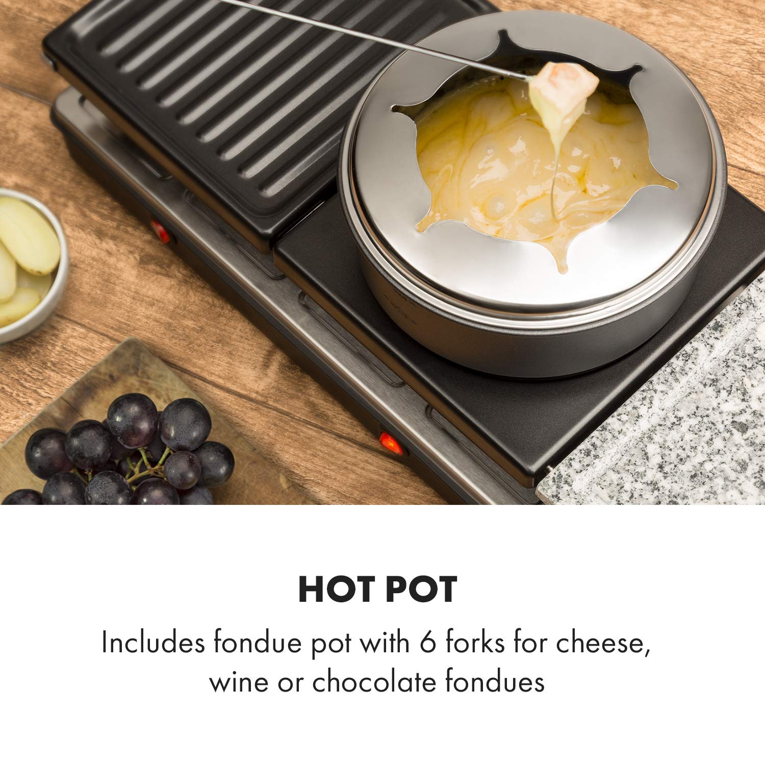 Klarstein Fonduelette XL - Set de Raclette y Fondue 3 en 1, 1650 Vatios, 3 Placas de Parrilla: Metal/Piedra Natural/Crepes, 3 Resistencias Inox Separadas, hasta 12 Personas, Antiadherente, Negro