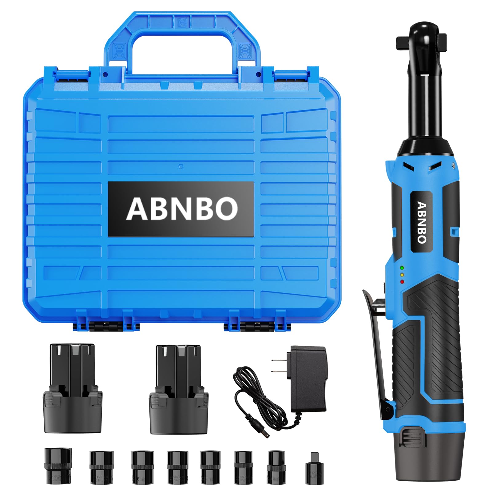 ABNBO Cordless Extended Ratchet Wrench 12V Long Neck 3/8" Electric Ratchet Wrench with 2 Batteries,40 Ft-lbs 400RPM,Variable Speed Trigger