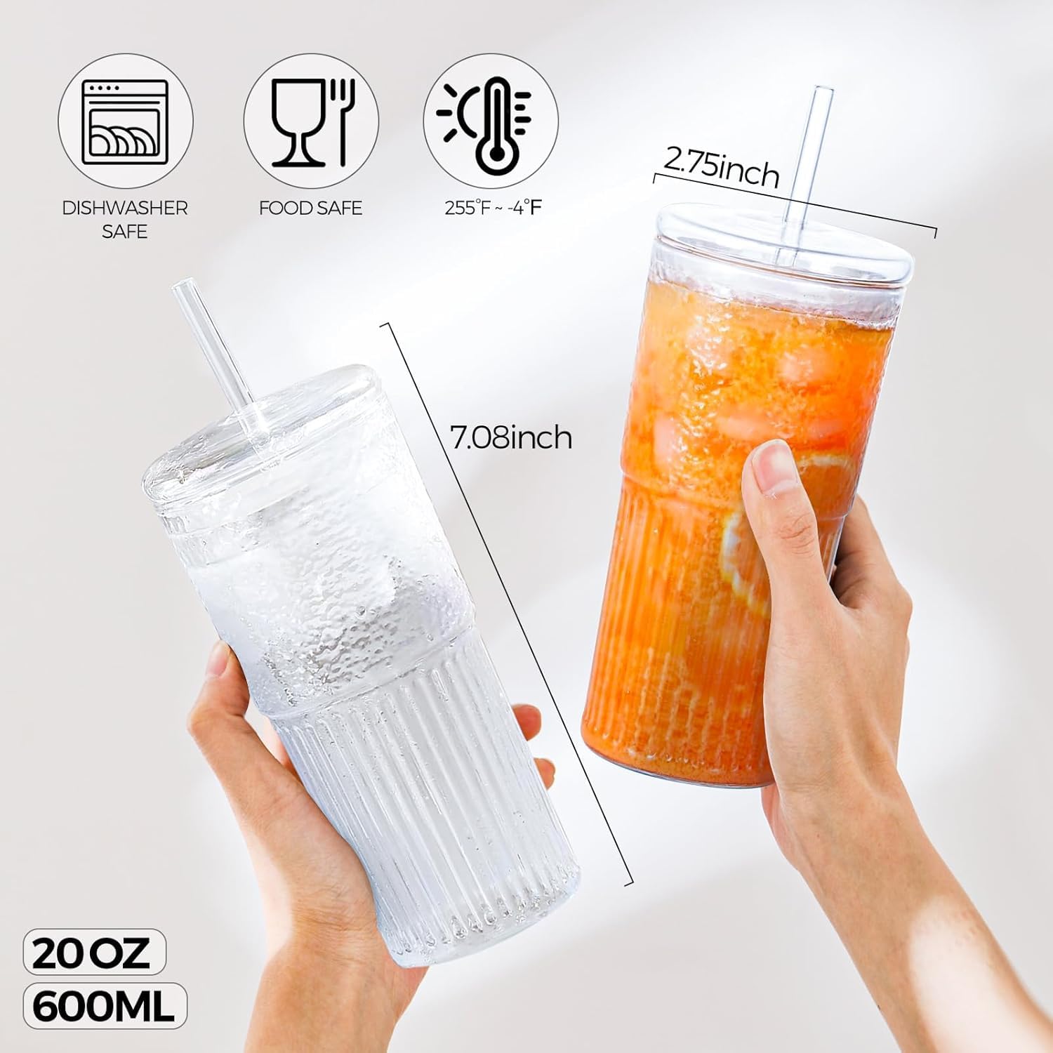 KOOSREEL Paquete de 4 tazas de café helado, vasos transparentes de 600 ml con tapas y popotes de vidrio para leche, agua helada, jugo, café, refrescos, cócteles, bebidas frías o calientes