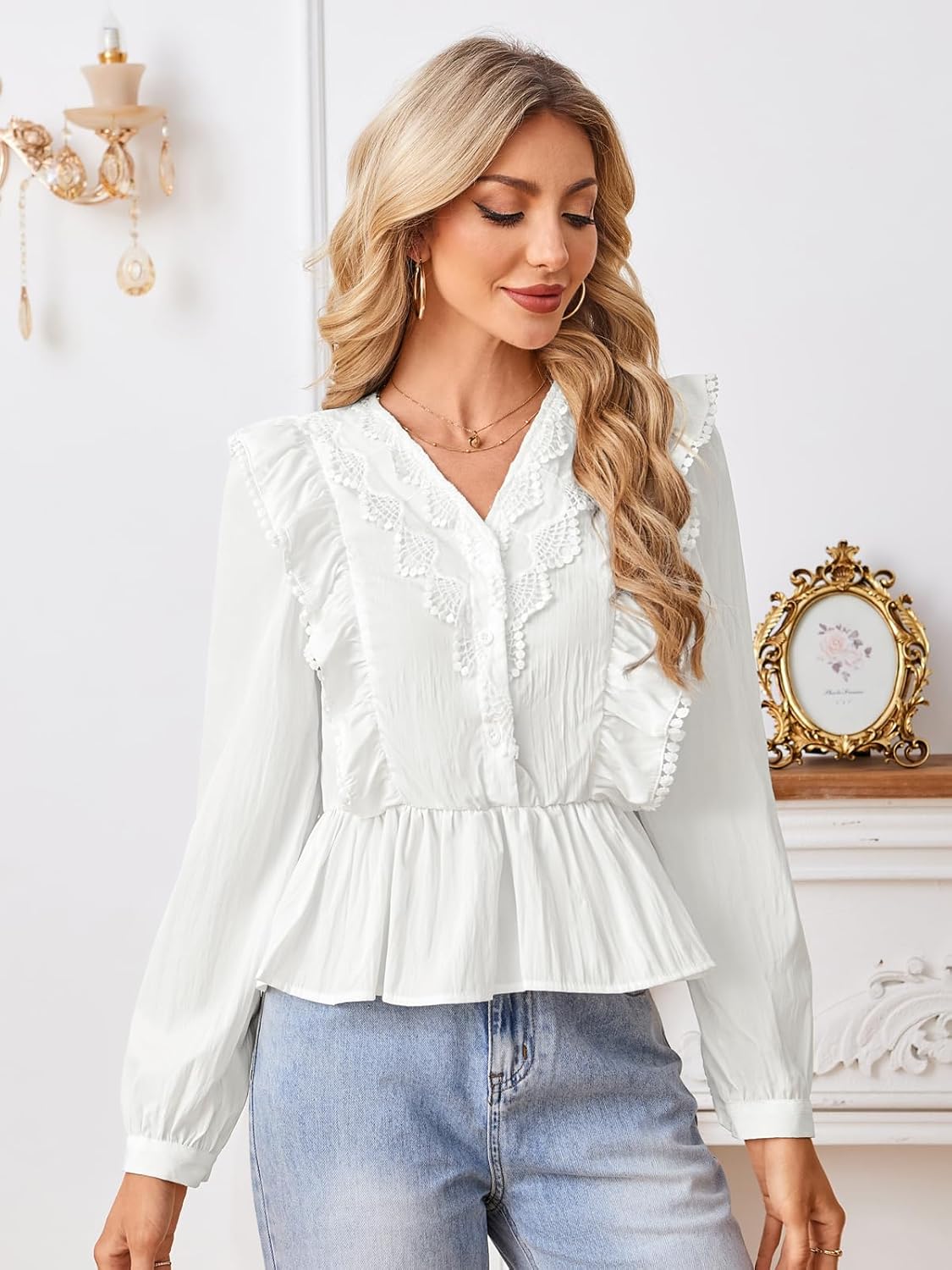 Button Down Shirts for Women Pleated Dress Shirts Wrinkle Free Long Sleeve Casual Outfits Tops V-Neck Blouses - Image 3