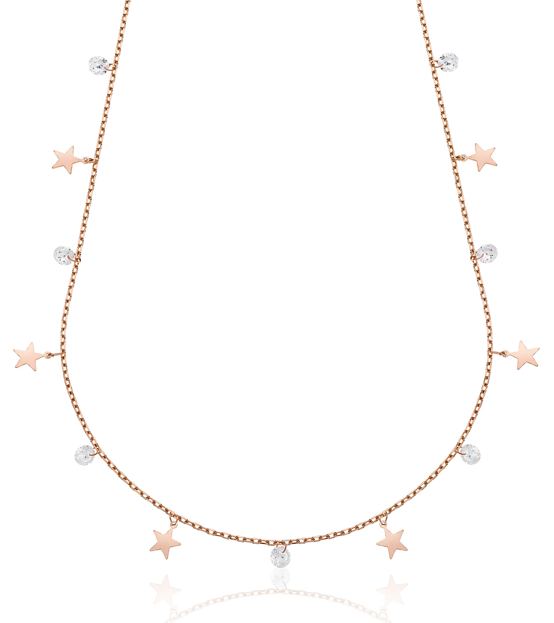 Aka Gioielli® - Collana Girocollo Donna Argento 925 Oro Rosa con Stelline e Piccole Pietre, Delicata Collana per Ragazza