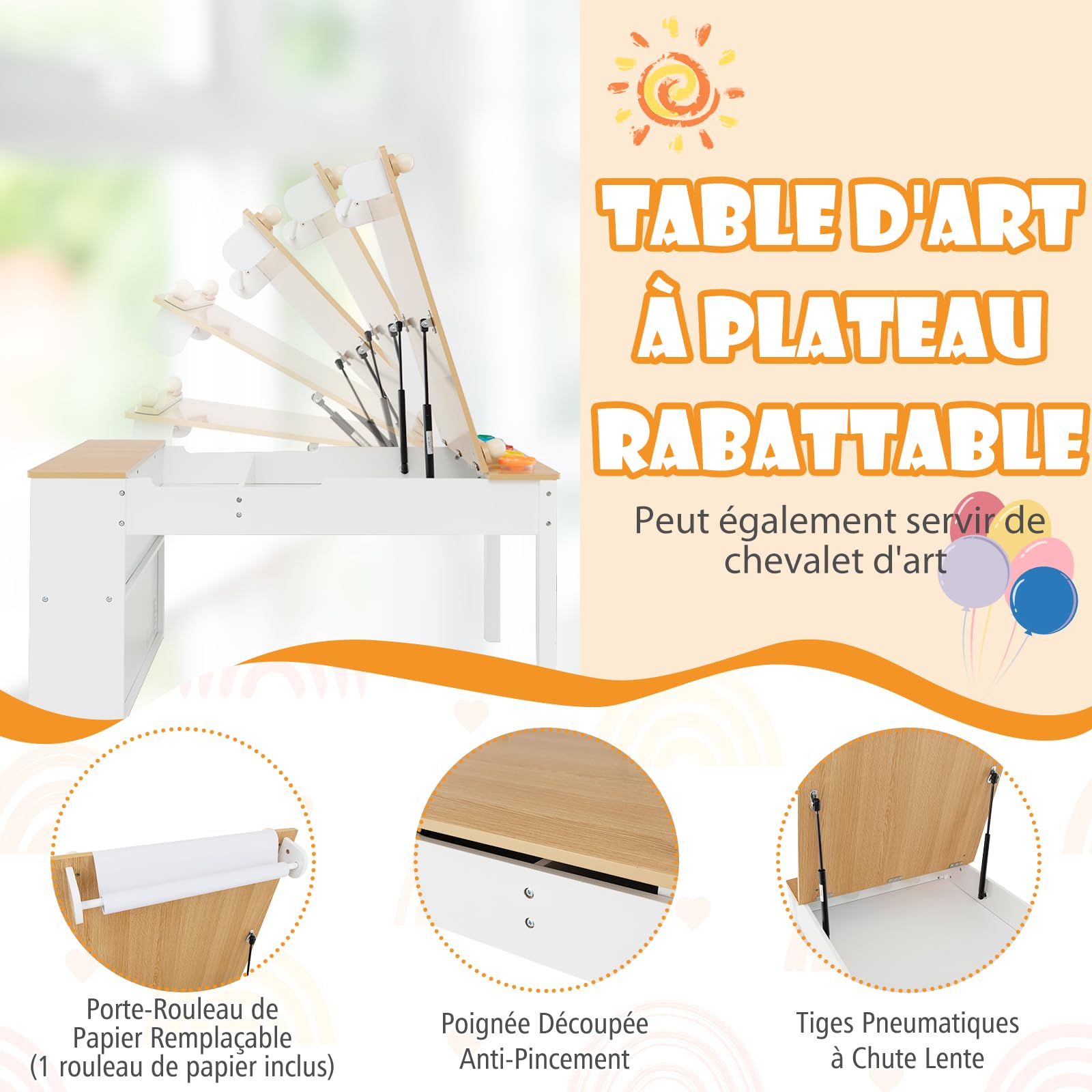 DREAMADE Table à Dessin et 2 Chaises en Bois Enfants,Bureau d'art Tout-Petits avec Plateau Inclinable&6 Tiroirs en Tissu&5 Palettes&Rouleau de Papier,Charge 91+75KG(Naturel)