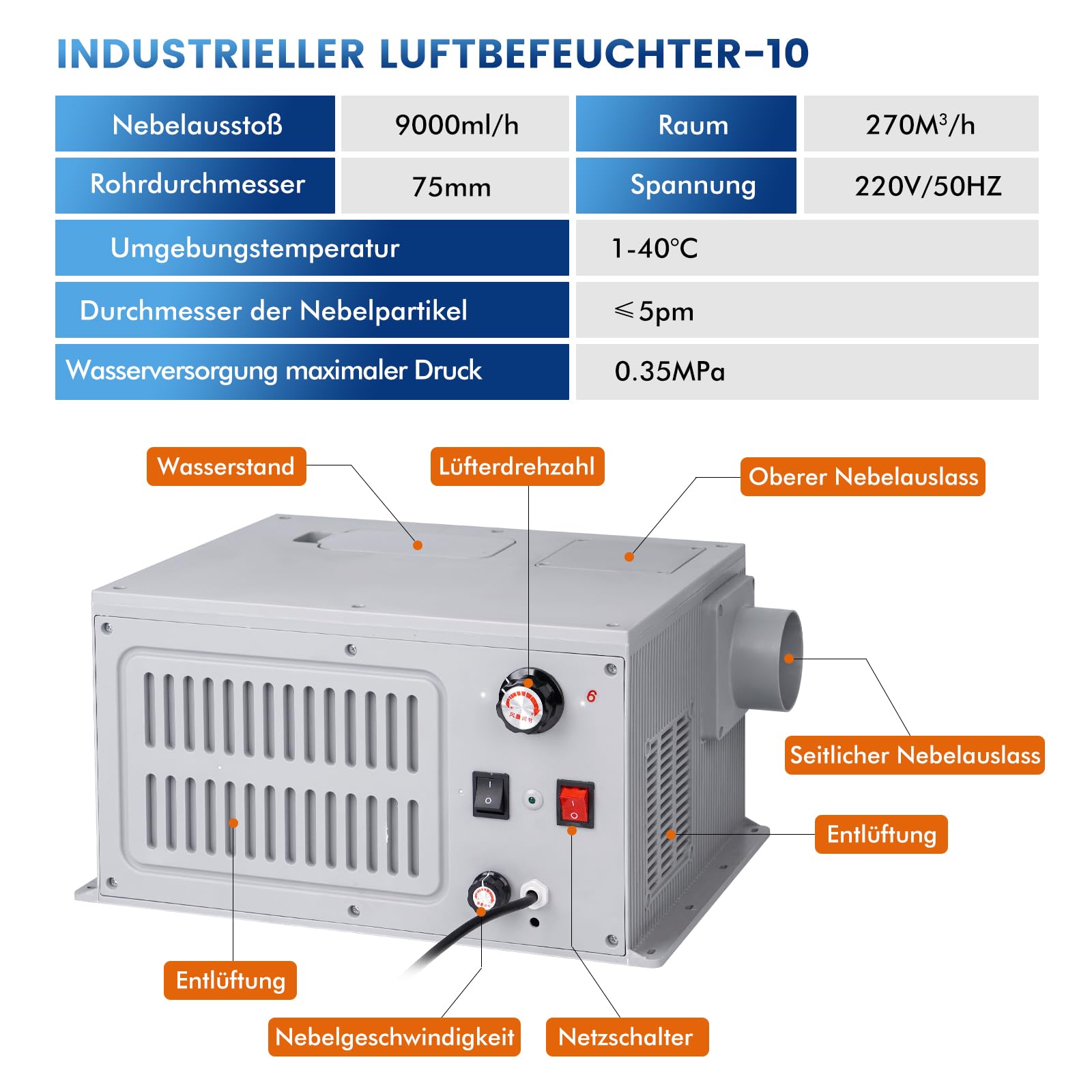 Humidificateur Industriel Brumisateur 9L / H Grand Volume 270M³ / H Humidificateurs à brume fraîche Humidificateur commercial Pour Atelier Supermarché Entrepôt Plante Serre De Légumes