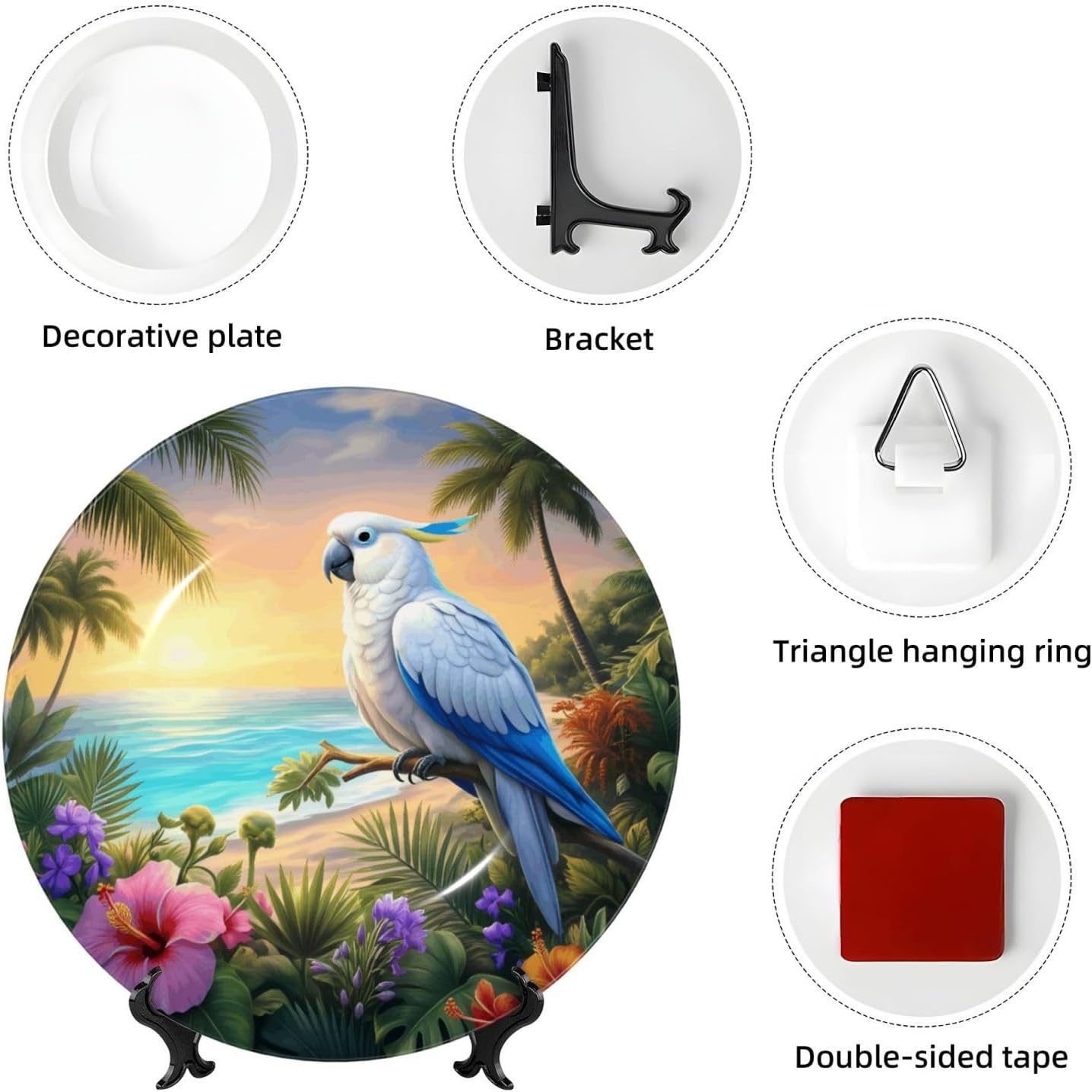 Tropical Parrot Paradise Style Ceramic Plate Display Decorative Plate With Stand Wall Hanging Plate For Home Decor 10 Inch