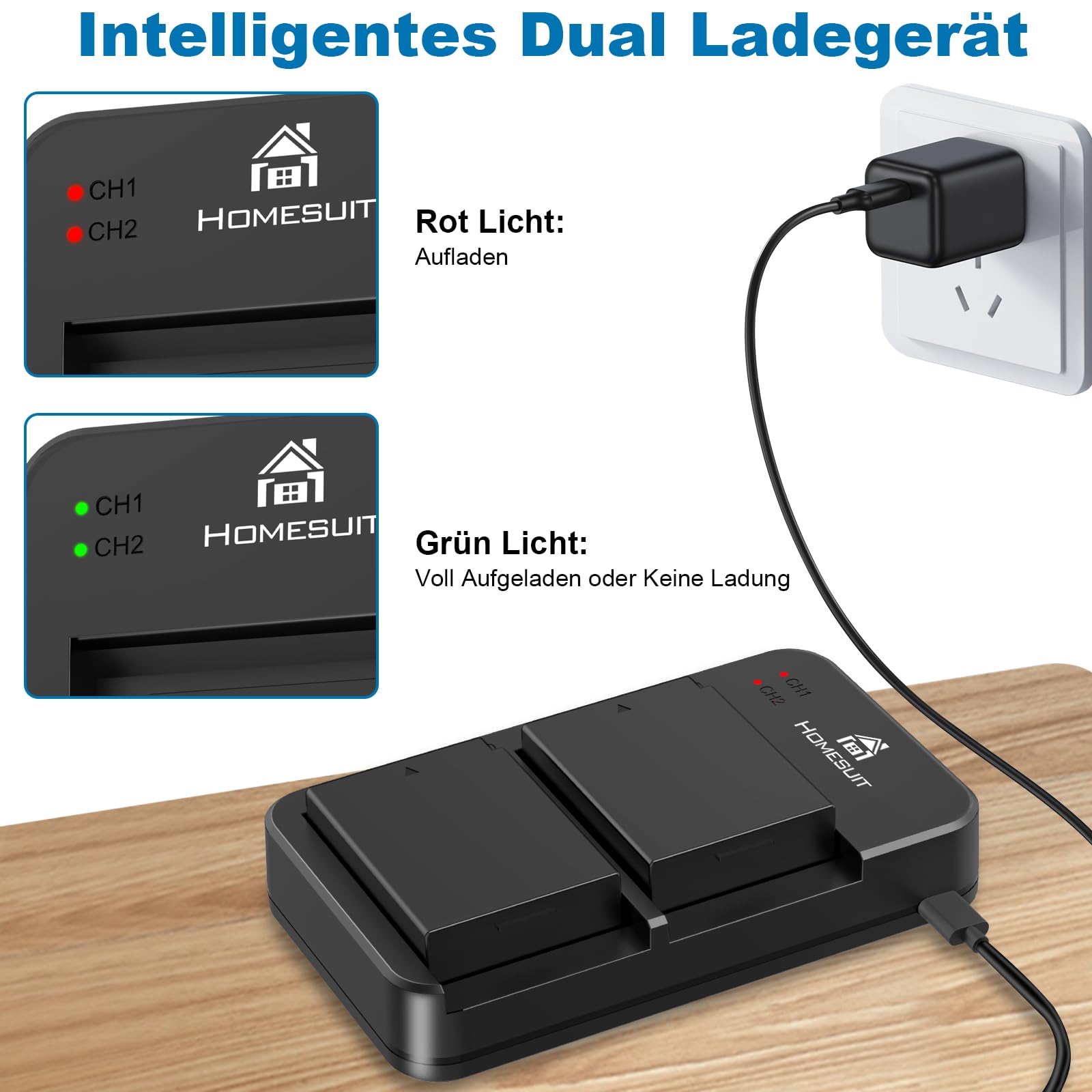 Homesuit LP-E10 Akku 1600mAh & Dual LED Ladegerät Kit für Canon EOS 1100D, EOS 1200D, EOS 1300D, EOS 2000D, EOS Rebel T3, T5, T6, T7, Kiss X50, Kiss X70 Kamera (2er-Pack)