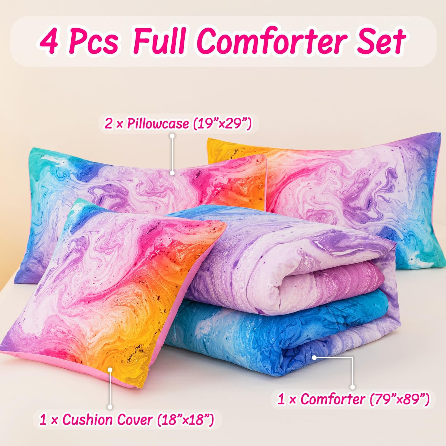 4 Pcs Tie Dye Full Bedding Set for Girls, Watercolor Marble Abstract Art Superior Girls Comforter Sets Full Size, Colorful Teenage Bedding Sets