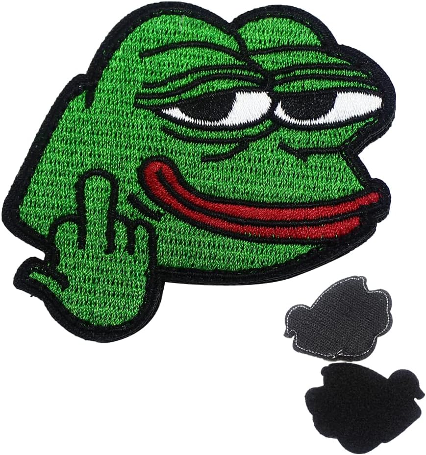 Funny Meme Sad Pepe Frog with Middle-Finger Hand Signal Embroidered Hook & Loop Fasteners Patch Iron-on Sewing Decorative Patches Badge Applique for Clothes Jacket Jeans Cap (Green Hook Loop)