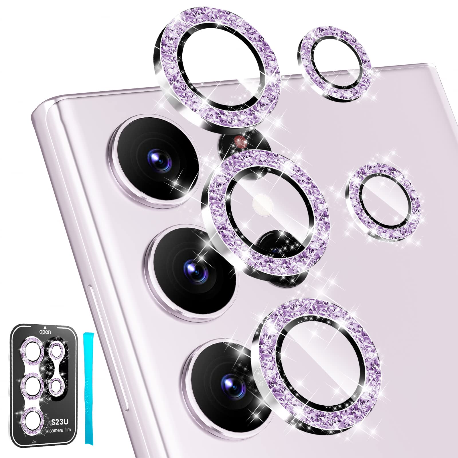 Protecteur caméra Galaxy S23 verre trempé 9H et bague aluminium paillettes violet