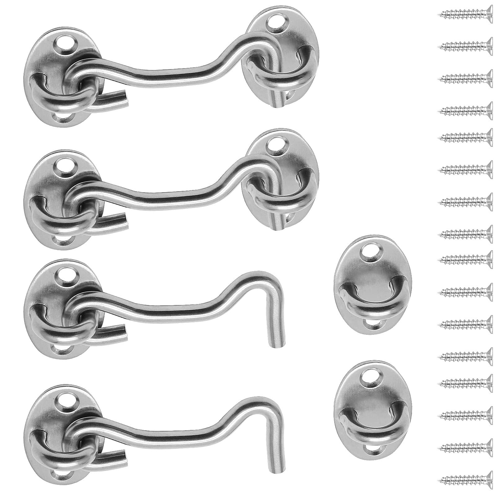 Waziaqoc Lot de 4 loquets à crochet et œillet de 7,6 cm en acier inoxydable robuste avec vis de montage pour porte coulissante, porte de grange, fenêtre, cabine - Argenté