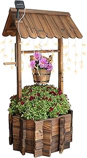 Garden Wooden Decor Rustic Wishing Well with Light Planter Outdoor Home Décor for Patio, Upgrade Wishing Well Garden, Yard Hanging Bucket Patio Lawn Backyard Home Decor