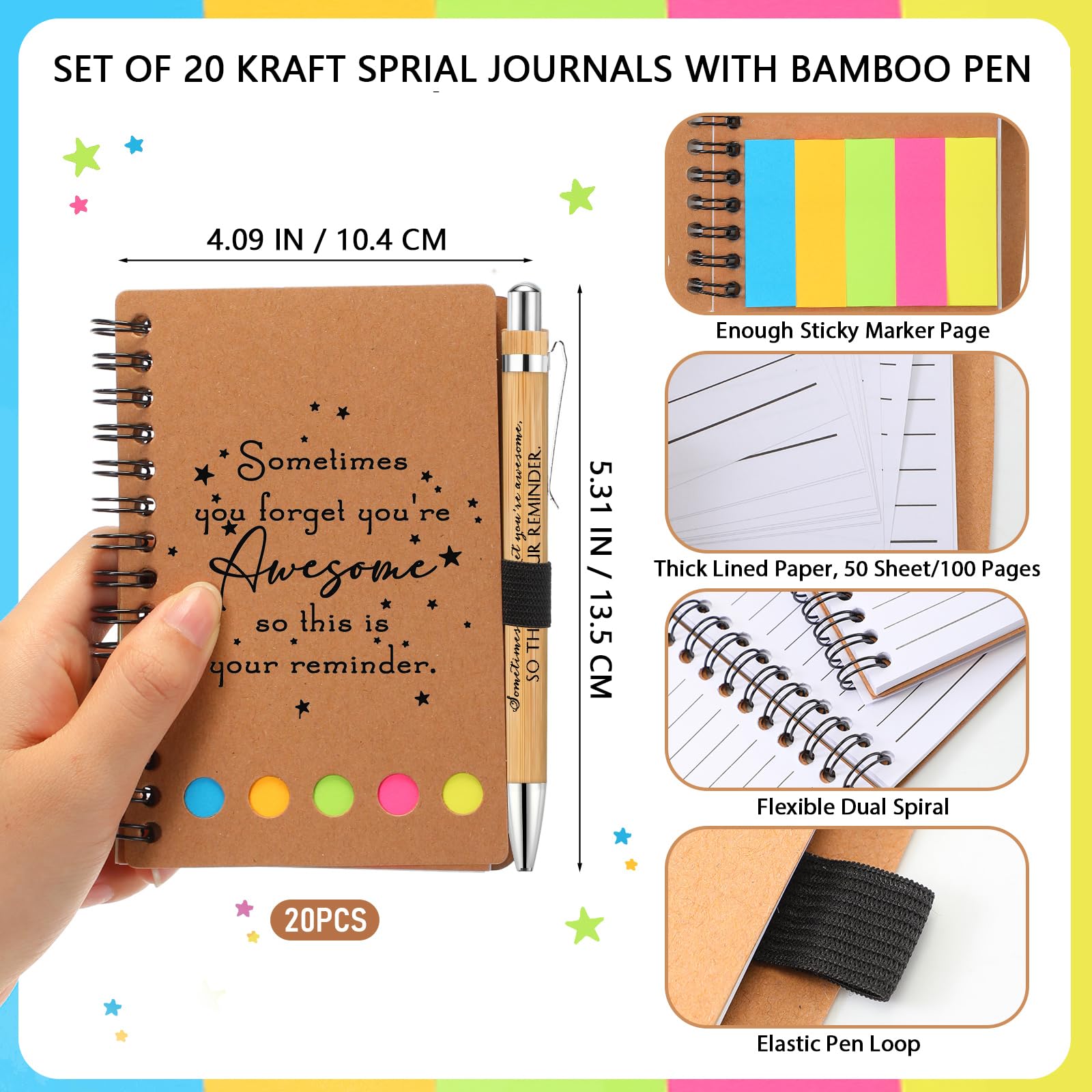 Chuangdi Set di 20 quaderni motivazionali a spirale con note adesive e penna motivazionale in bambù per insegnanti, collaboratori (Kraft)