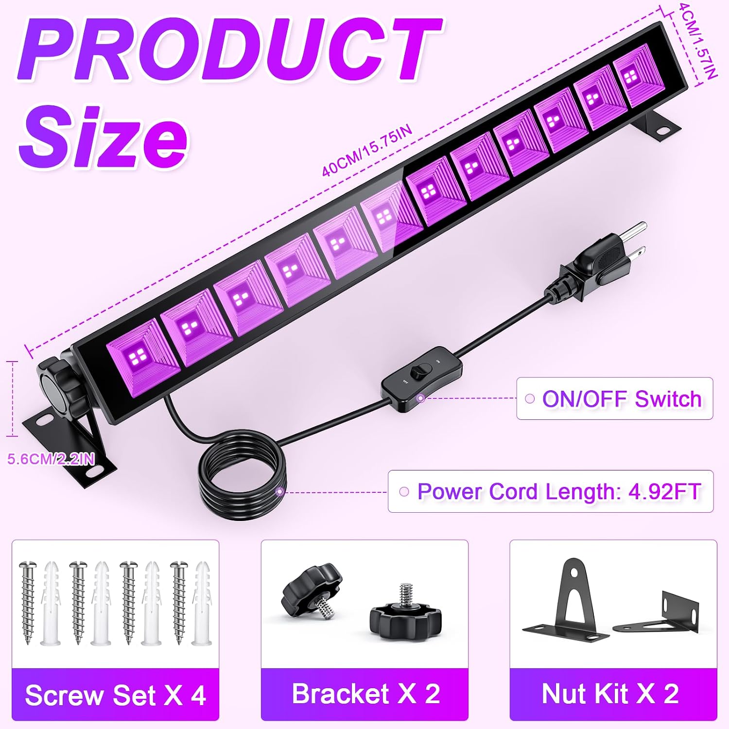 45W LED Black Light Bars IP65 Blacklights with 59inch Plug& ON/Off Switch for Poster/Birthday/Stage/Halloween/Christmas/Glow in The Dark Party (2Pack)