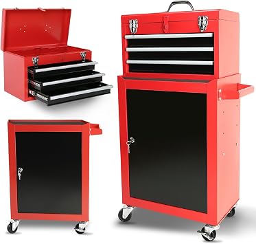 HRVEOCEI Rolling Tool Chest with Drawers, Metal Tool Cabinet on Wheels with Detachable Top Tool Box, 3-Drawer Tool Cart with Adjustable Shelf and Locking Mechanism 3-Drawer Red