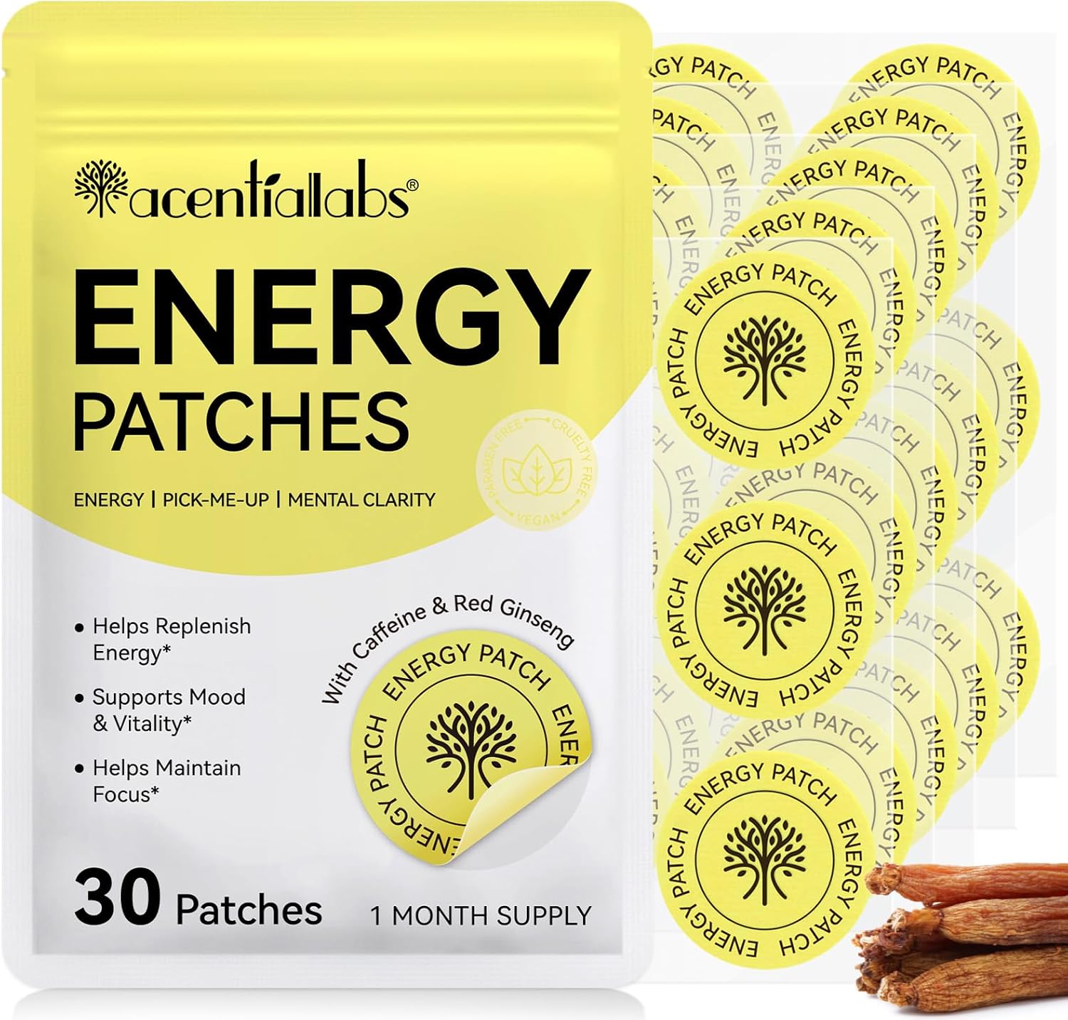 Energy Patches – Daily Wellness Patch with Caffeine & Red Ginseng – Easy & Discreet Patch – Vegan, Cruelty-Free – 30 Patches (1 Month Supply)