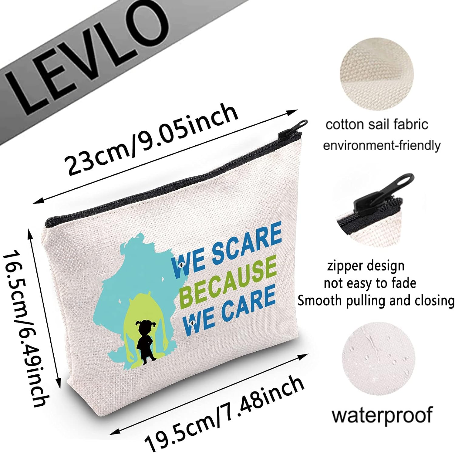 LEVLO Funny Monsters Movie Cosmetic Make Up Bag Mike Sully Boo Fans Gift We Scare Because We Care Makeup Zipper Pouch Bag - Image 3