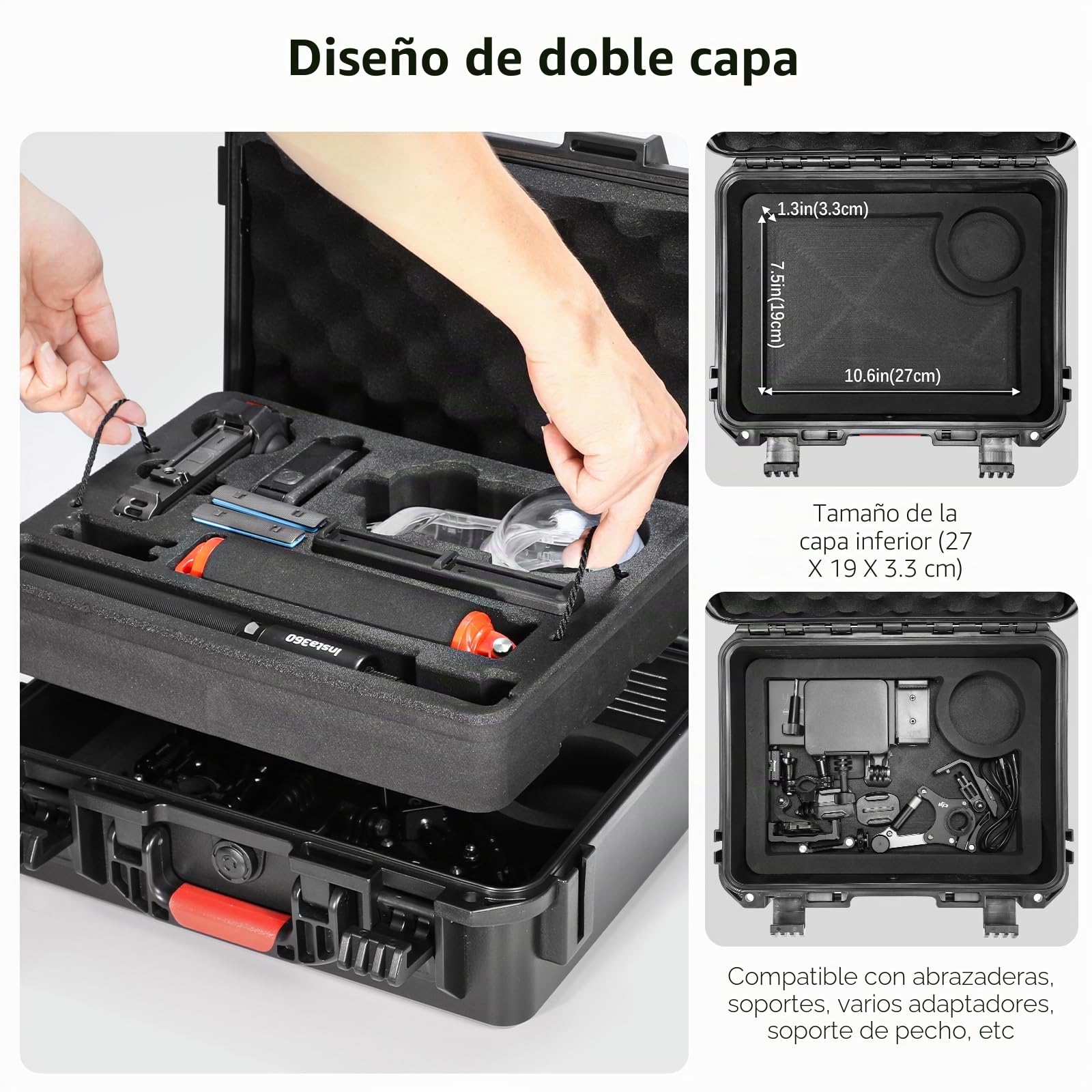 AMAZEAR Funda rígida para Accesorios Insta360 X5 /X4 Air, Insta 360 X5 Impermeable, Funda rígida Protectora para Kit de Buceo, Mango de Tiempo Bala 2.0 con Correa para el Hombro, Doble Capa, Negro
