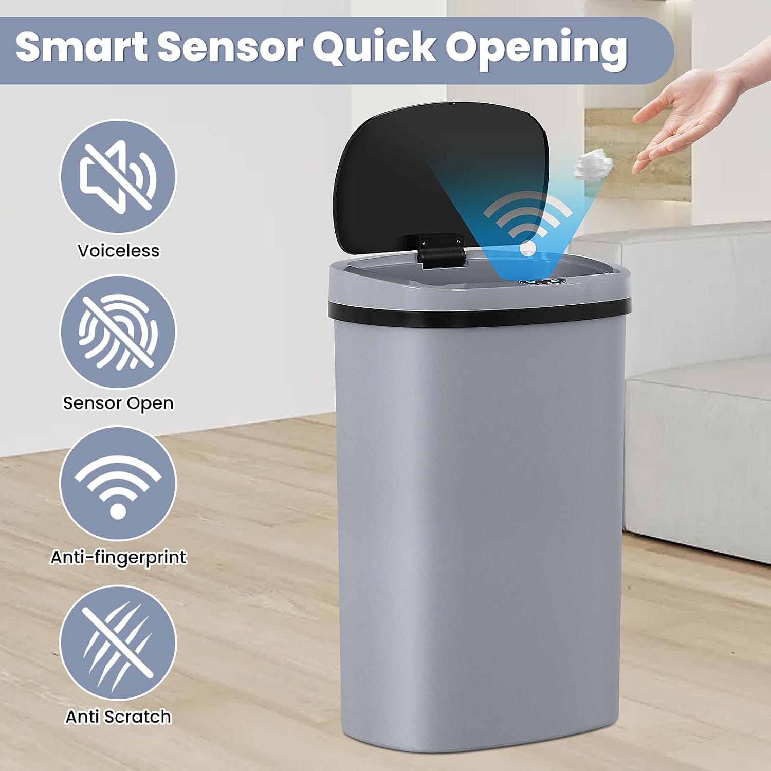 13 Gallon Automatic Kitchen Trash Can with Lid, Touchless Motion Sensor Garbage Can - Hygienic, Odor Control, Waterproof Waste Bin for Kitchen Bathroom Bedroom Office (50L), PP Plastic, Gray