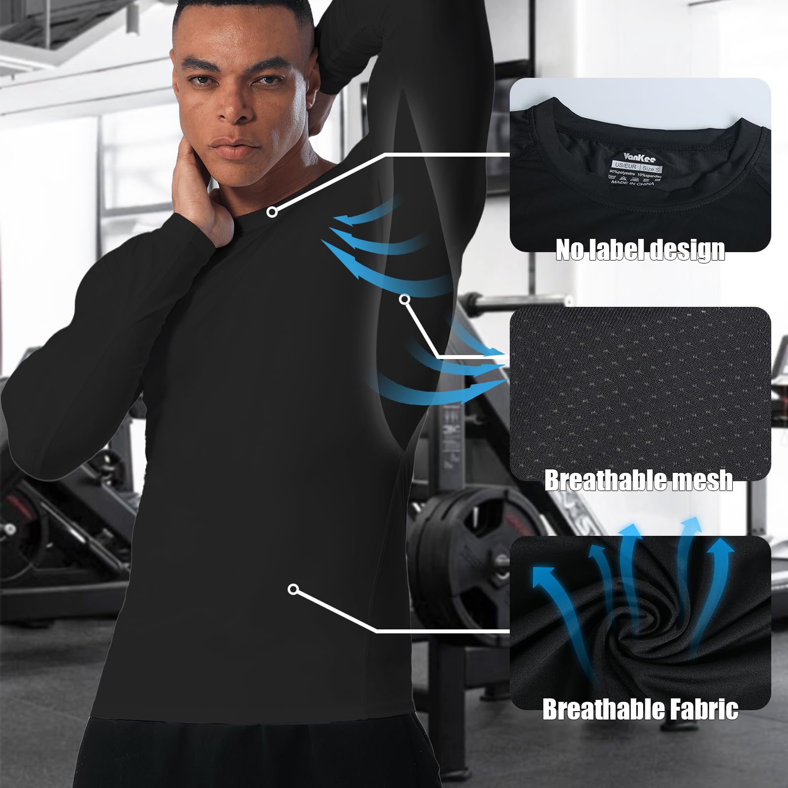Kompressionsshirt Herren Langarm Schnelltrocknend Atmungsaktiv Funktionsshirt Achsel Netzstoff Fitnessshirt Männer Sportshirt Leichtes Stretch-T-Shirt für Gym Jogging Sport Laufen Basketball