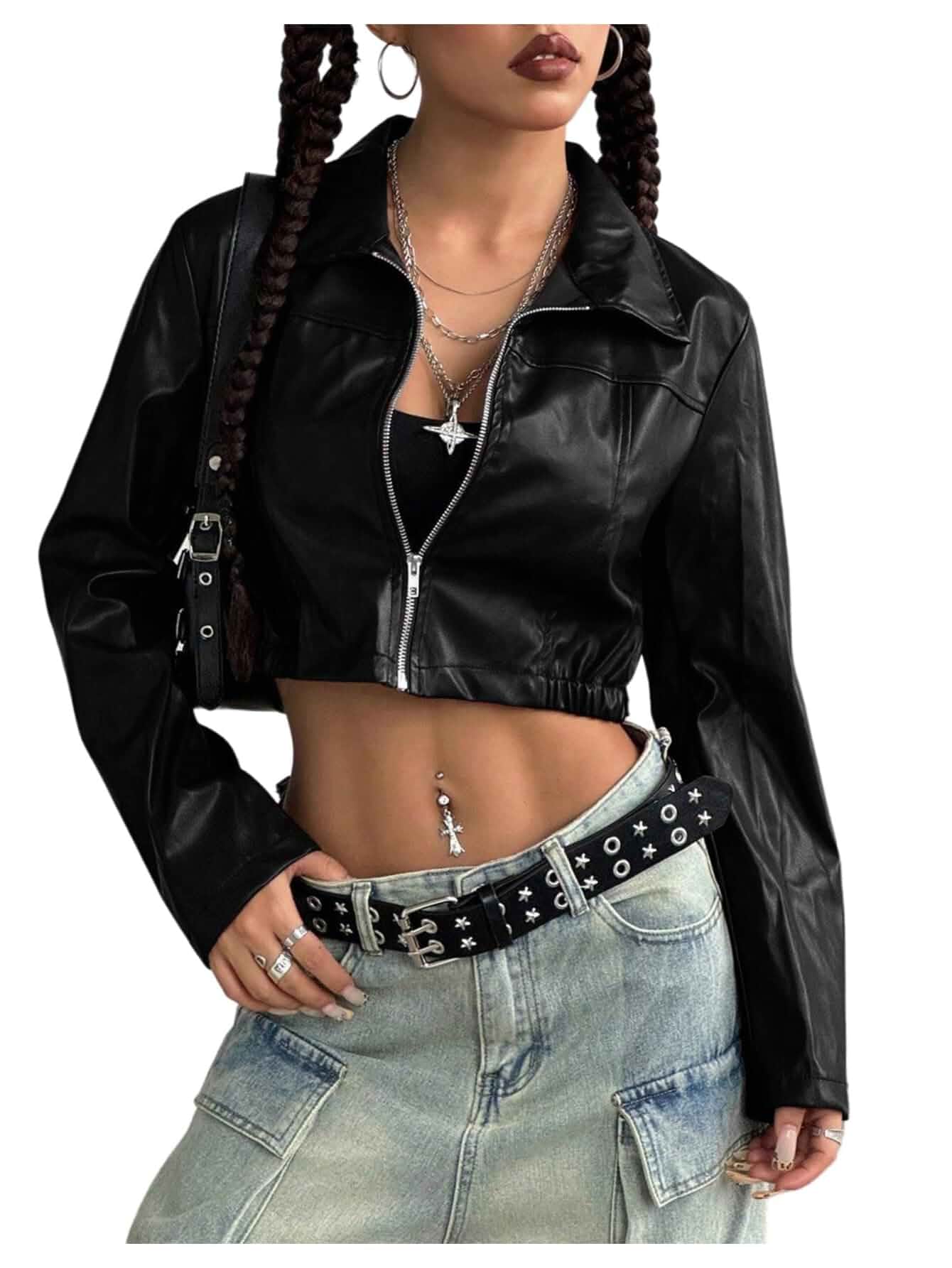 Verdusa Women's Motorcycle Leather Race Car Jacket Cropped Concert Tops Streetwear, Thin Pu Leather, Lightweight Long Sleeve Outerwear, Punk Rock Outfits