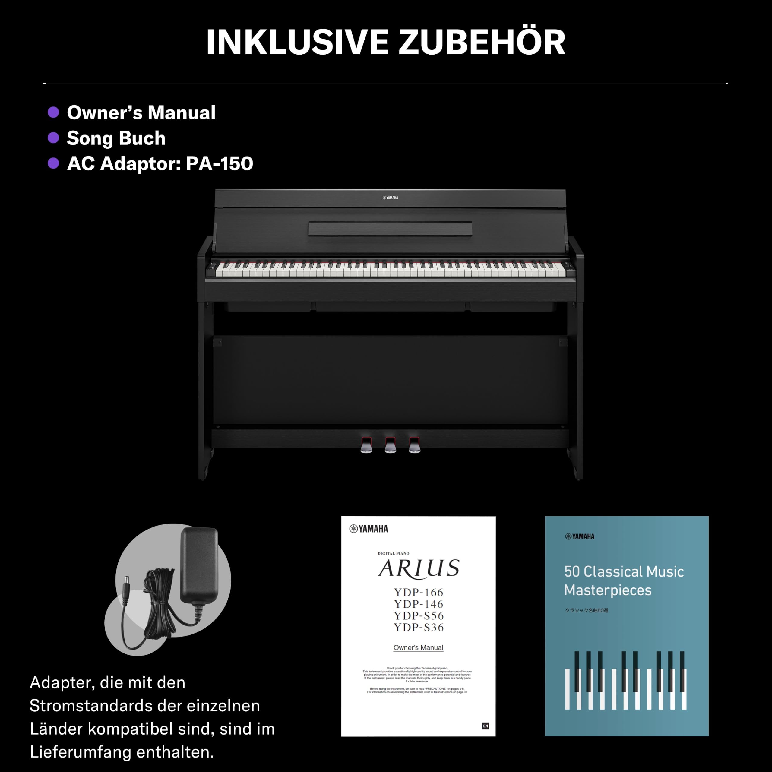 YAMAHA YDP-S36 Digitalpiano – 88 Gewichtete GHS-Tasten, CFX Concert Grand Sound, Schlankes Design, Bluetooth, 3 Pedale, Ideal für Zuhause & Anfänger – Schwarz