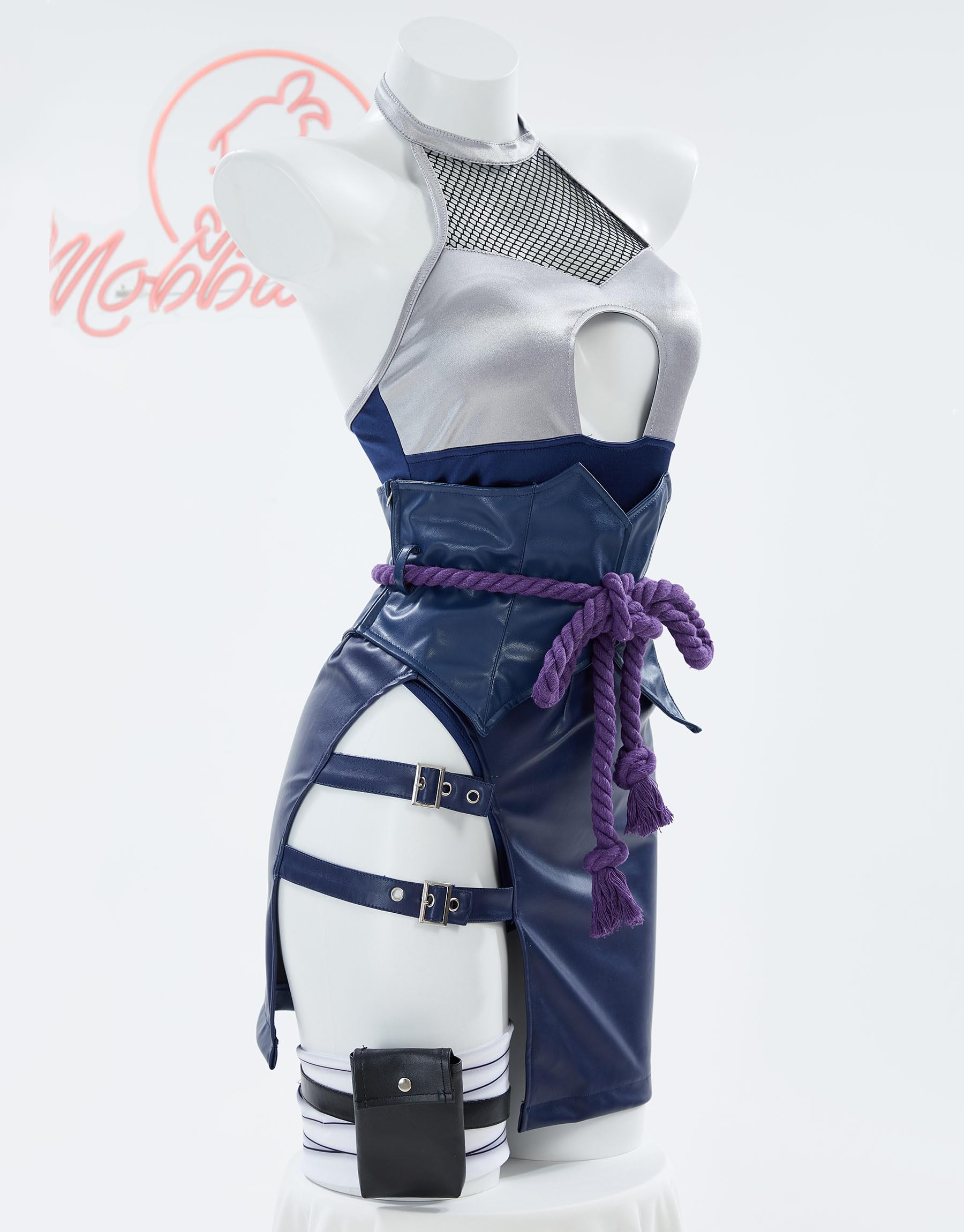 Mobbunny Ninja Cosplay Costume Cutout Bodysuit and Skirt with Sleeves and Waist Rope Halloween Costume: Small Dark Blue