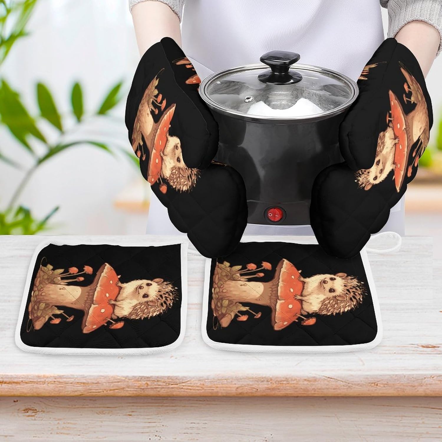 Mushroom Hedgehog 4 Pcs Oven Mitts and Pot Holders Set High Heat Resistant Long Kitchen Oven Glove Potholders