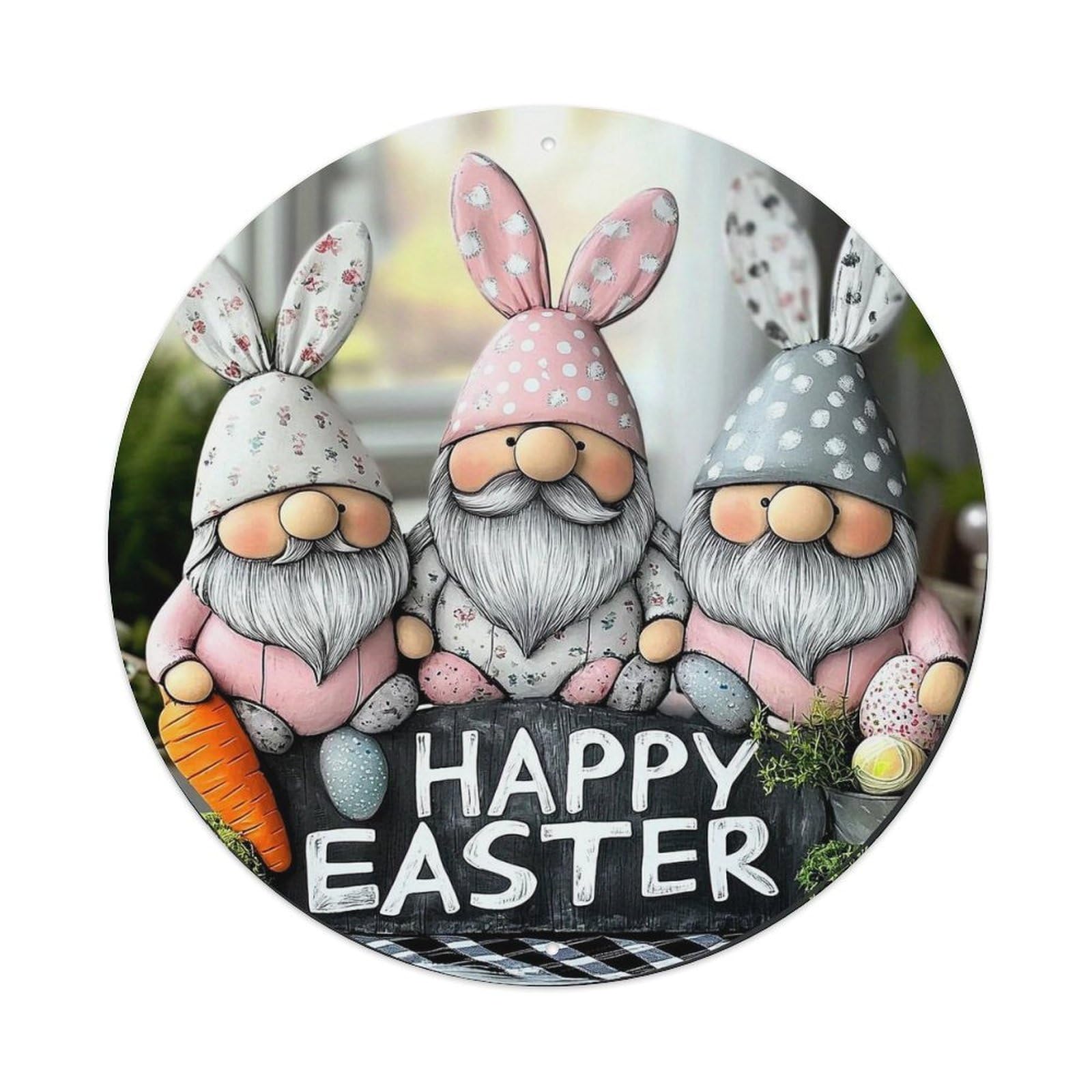Easter Gnomes Bunny Hats Carrots Eggs Round Tin Sign Vintage Metal Sign Home Bar Garden Indoor & Outdoor Wall Decor Retro Metal Poster 8x8 Inch