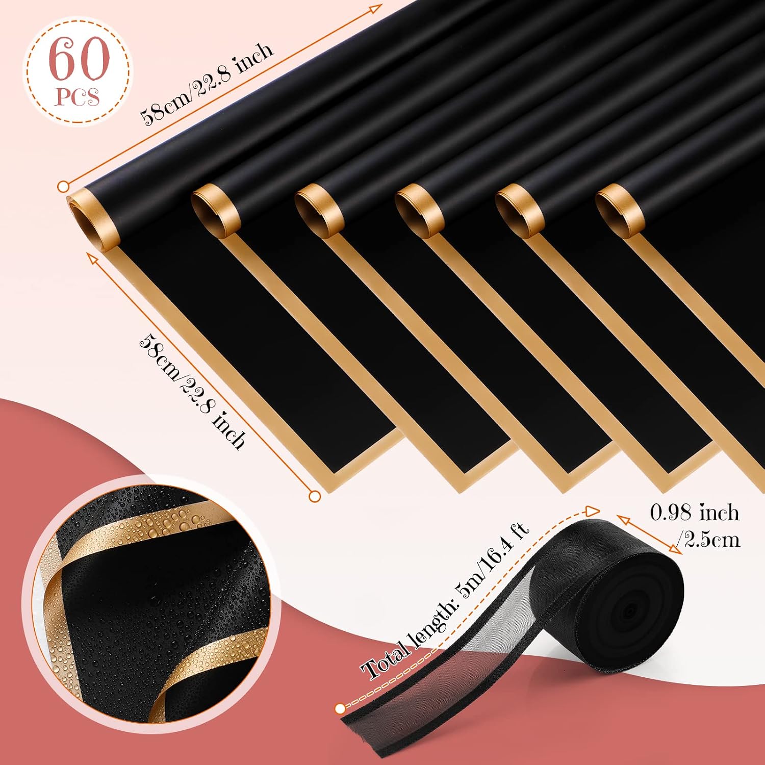 Mimorou 60 Sheets Flower Wrapping Paper, Waterproof Floral Bouquet Wrapping Paper Gold Edge Korean Florist Bouquet for DIY Valentine Wedding Birthday Graduation Gift(Black)