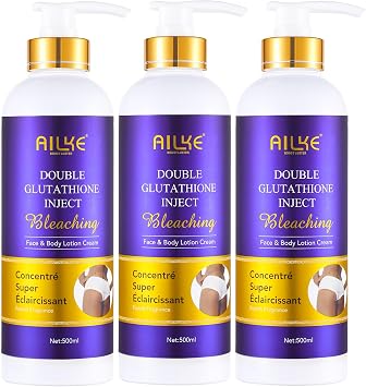 AILKE Double Glutathione Bleaching Body Lotion, Whitening, Even Skin Tone, Remove Dark Spots, With Niacinamide, Arbutin, Perfect For Black, Dark, Caramel Skin, 500ml Pack of 3
