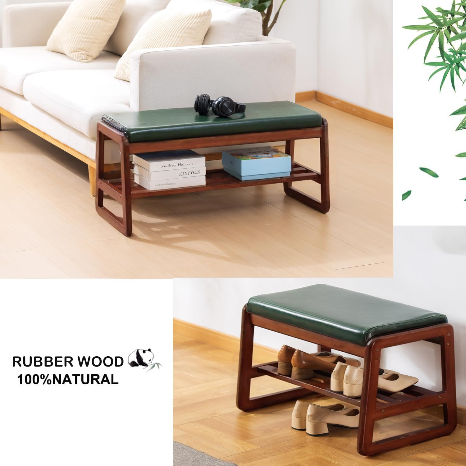 Panca Portascarpe In Legno Massello Con Cuscino - Latifolia - 2 Ripiani Per Ingresso E Corridoio (Beige, 80 Cm) - 3
