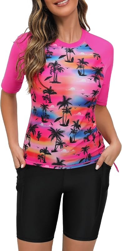 Women's Two Piece Rash Guard Short Sleeve UPF 50+ Swim Shirts