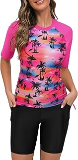 Women's Two Piece Rash Guard Short Sleeve Swim Shirts UPF 50+ Built in Bra Swimsuit with Boyshorts with Pockets