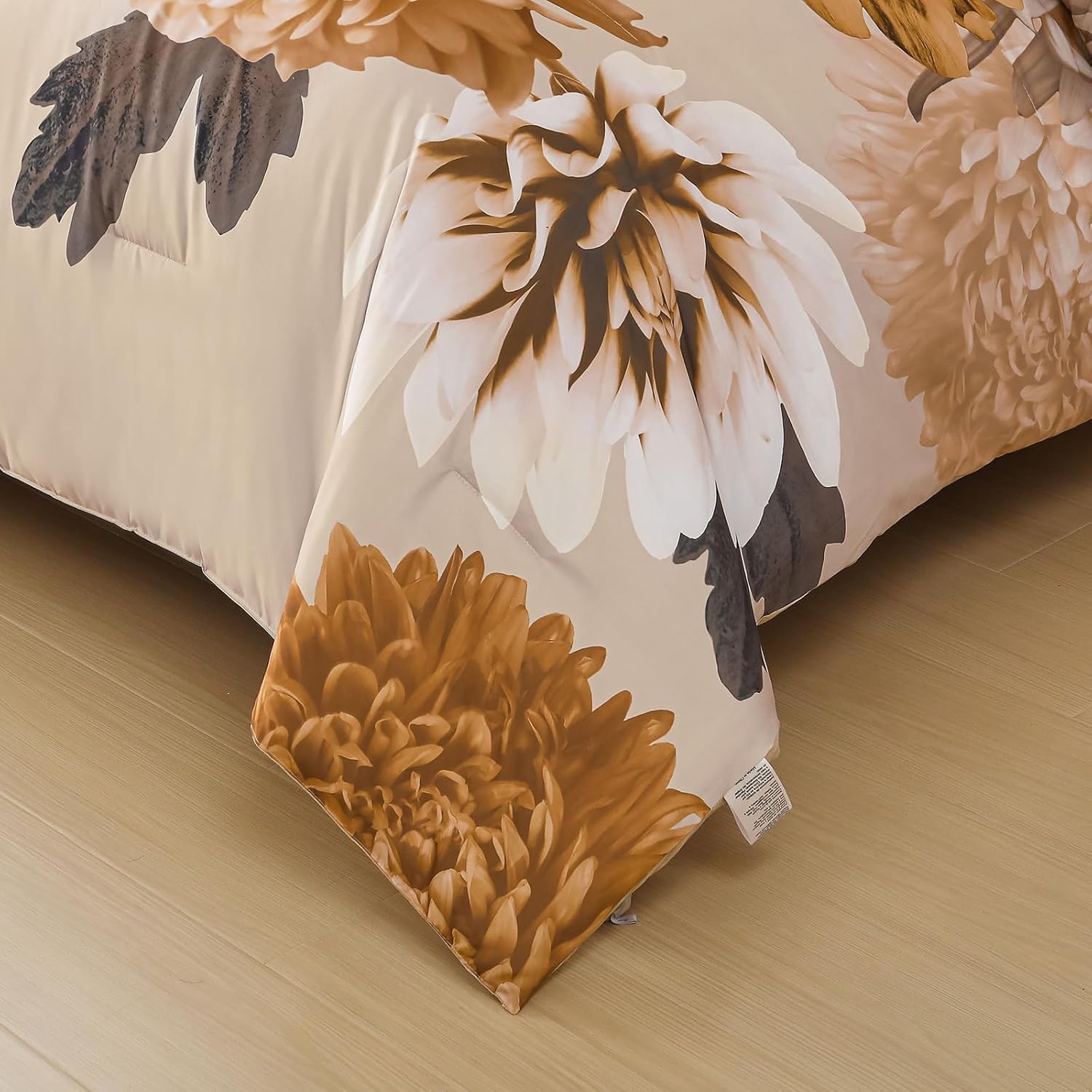 DJY Khaki Queen Comforter Set, 7 Piece Floral Comforter Set with Sheets Bed in a Bag Queen Size Elegant Flower Print Soft Microfiber Complete Bedding Set for All Season - Image 7