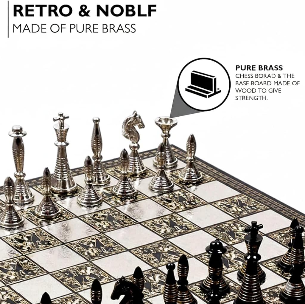 Luxury Handcrafted Brass Chess Set Black and Silver Metal Pieces with Premium Folding Board and Storage Box | Antique Finish Royal Gift and Decorative Board Game for Home Office Collectors (Tribal)