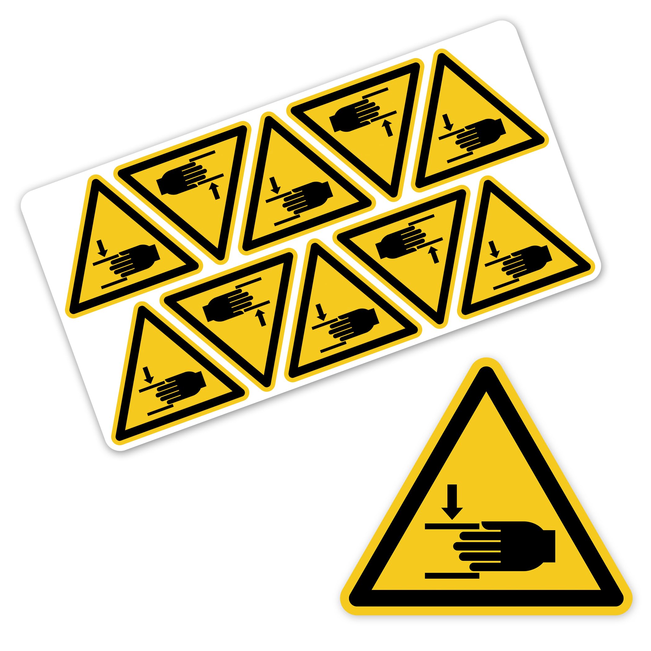 Señal de advertencia de lesiones en las manos, símbolo de advertencia según DIN EN ISO 7010 – Pegatinas autoadhesivas de advertencia para máquinas, instalaciones, dispositivos y áreas de