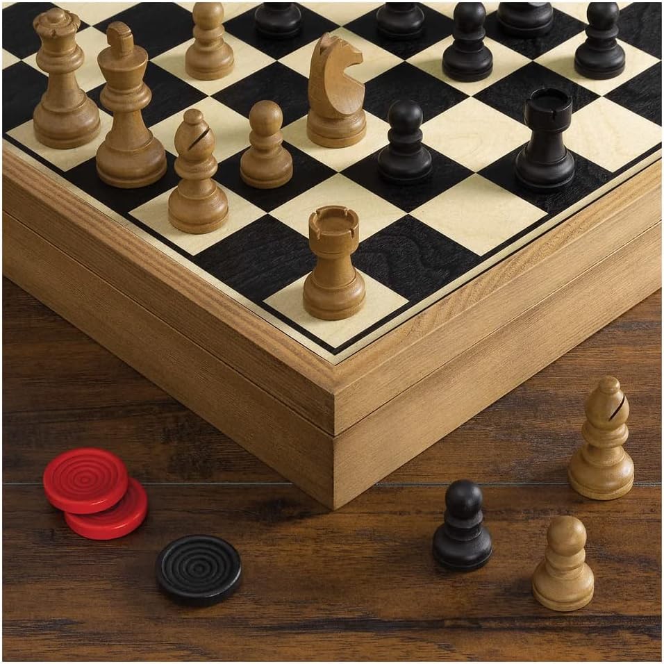 WS Game Company Deluxe Vintage 2-in-1 Wood Chess and Checkers Game Set