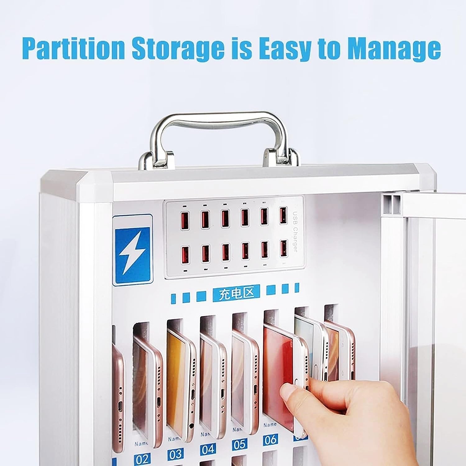 Armadietto di Ricarica per cellulari con 60 Scomparti, Organizer per cellulari, Stazione di Ricarica Portatile con Ruote, Contenitore per cellulari Ricaricabile Tramite USB.