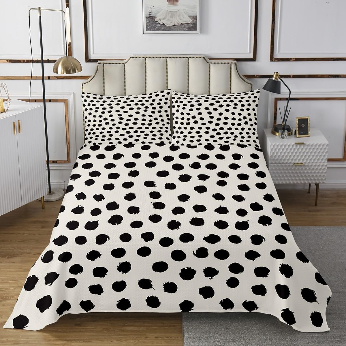 Erosebridal Dots Bedspread King Size Boho Coverlet Set for Teens Adults Retro Rustic Brush White Black Quilted Coverlet Soft Luxury Quilted