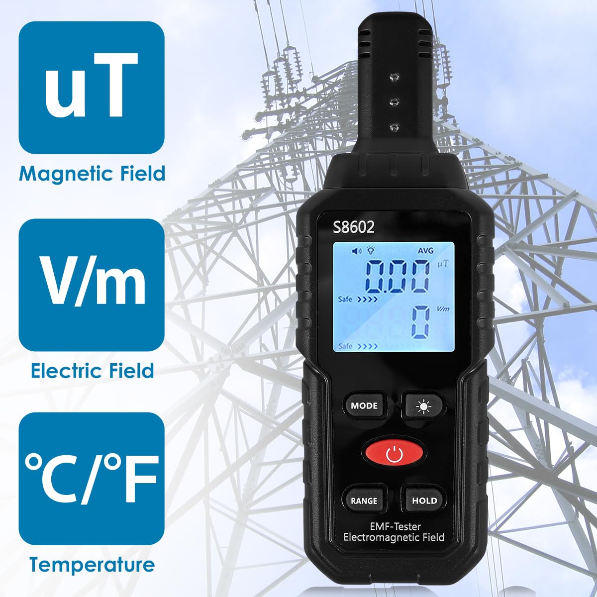 Electromagnetic Radiation Detector Professional 3 in 1 Handheld EMF Reader Portable EMF Meter with Sound Light Alarm Digital LCD EMF Tester Temperature Measure Reusable for Home