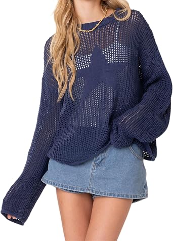 Women Y2k Star Crochet Oversized Sweater Hollow Out See Through Mesh Top Long Sleeve Loose Fit Pullover Sweater