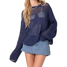 Women Y2k Star Crochet Oversized Sweater Hollow Out See Through Mesh Top Long Sleeve Loose Fit Pullover Sweater