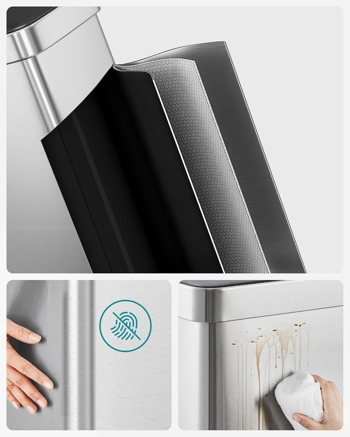 SONGMICS Kitchen Trash Can, 16 Gallon (2 x 8 Gallon) Dual Compartment Garbage Can, 60L Pedal Recycling Bin, Stays Open and Soft Close, Stainless Steel, 15 Bags Included, Metallic Silver ULTB202E01