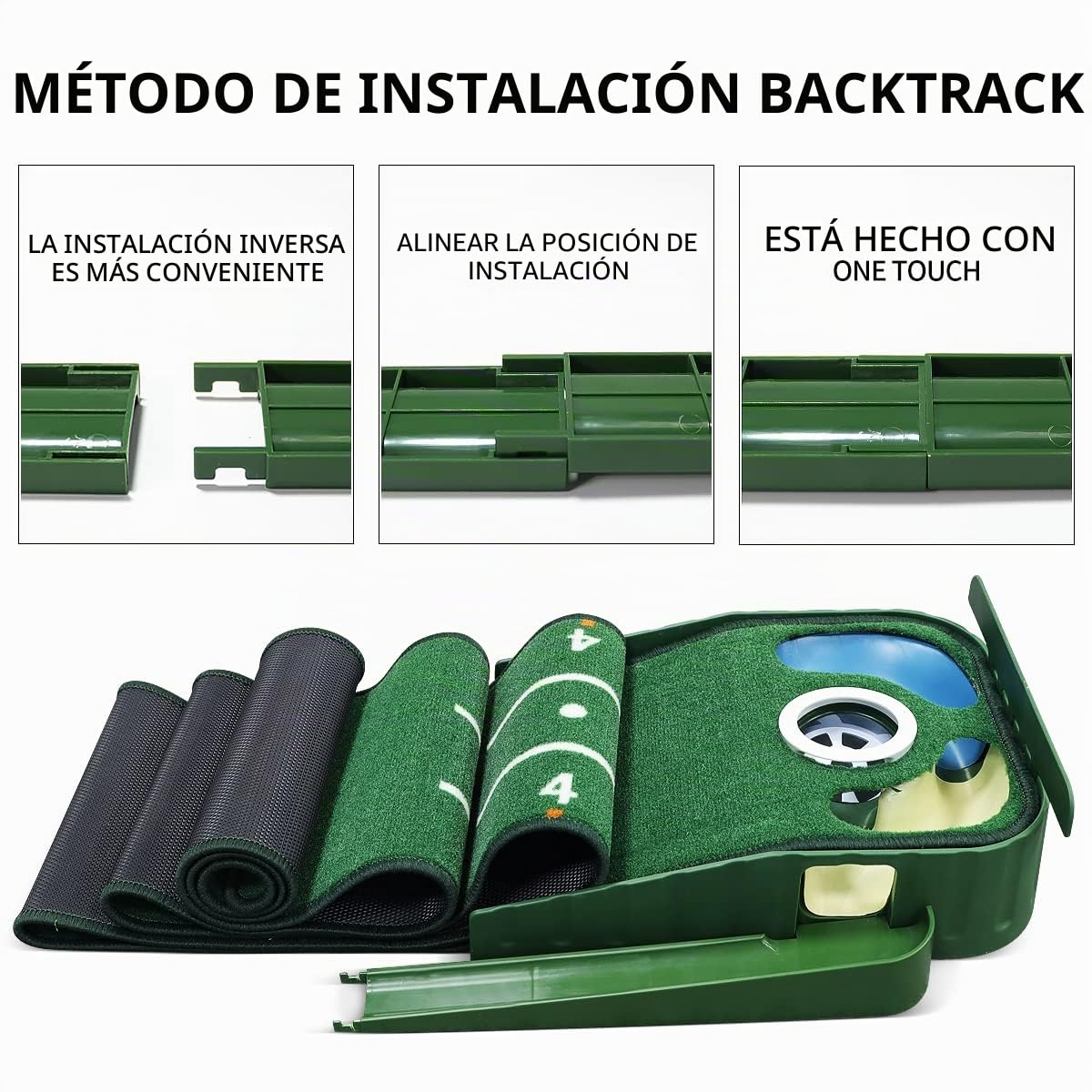 Tapete Verde de Golf para Interiores Con Retorno de Pelota y 3 Agujeros - Equipo de Entrenamiento y Práctica en Casa u Oficina - Accesorios de Regalo